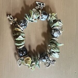 Shell Charm Stretch Bracelet Dragonfly Starfish Beachy Boho Natural Beads Beaded